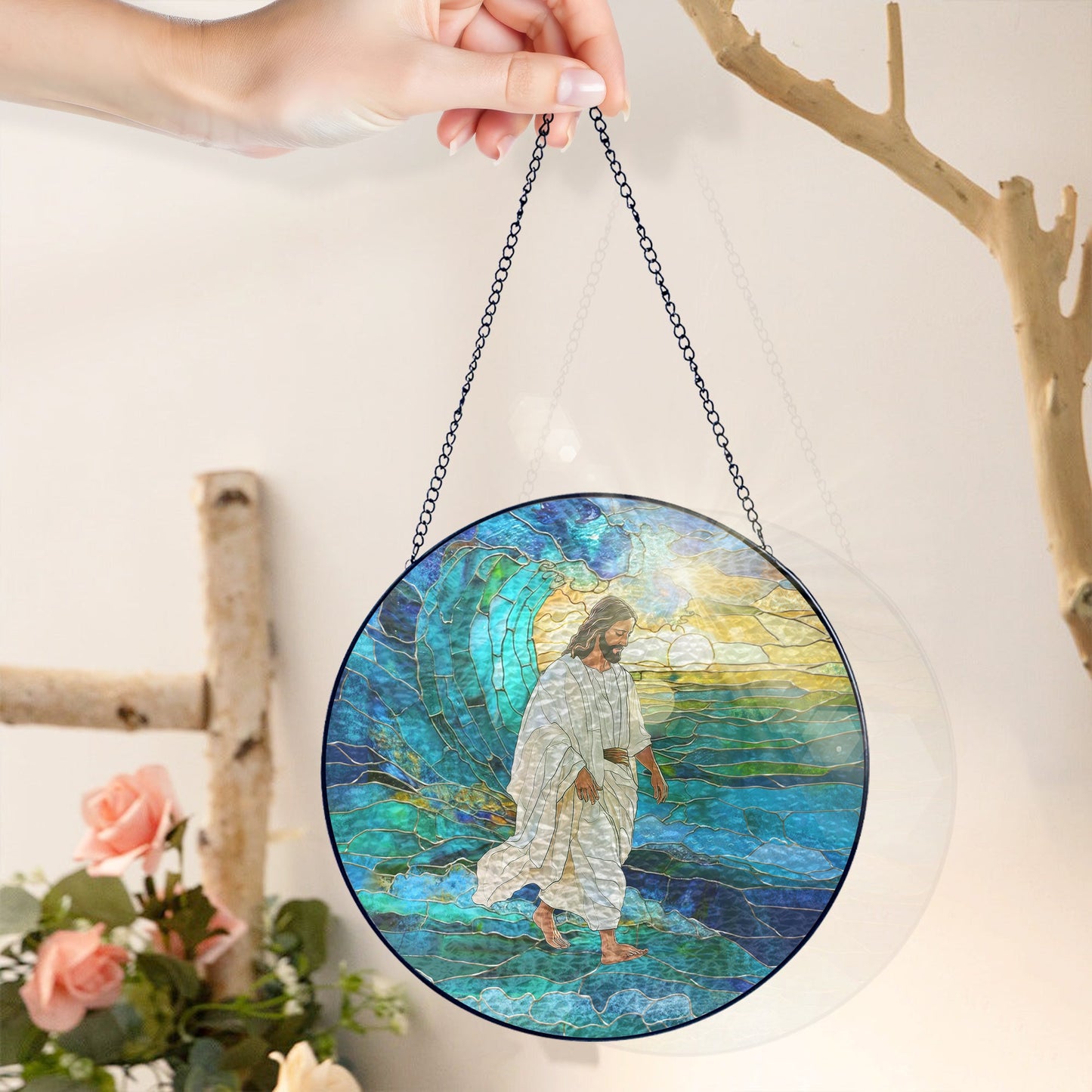 Jesus Christ Stained Glass Suncatcher – Inspirational Handcrafted Religious Window Decor for Evergreen Spiritual Home and Gift