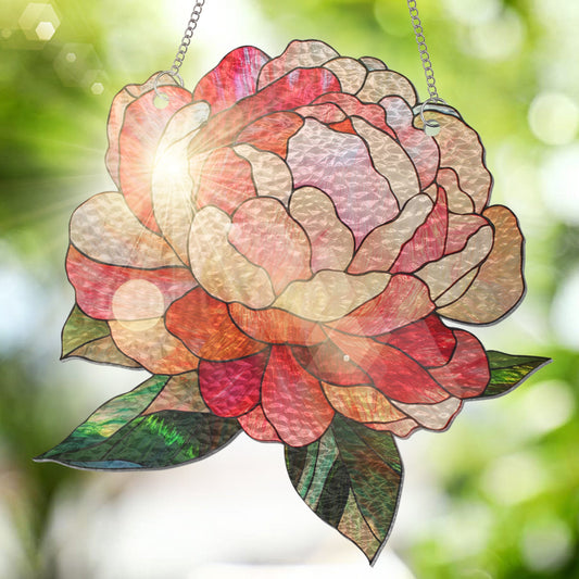 Peony Stained Glass Suncatcher – Handmade Evergreen Flower Window Decor, Vibrant Artistic Hanging Gift for Home and Garden