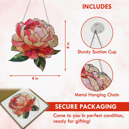 Peony Stained Glass Suncatcher – Handmade Evergreen Flower Window Decor, Vibrant Artistic Hanging Gift for Home and Garden