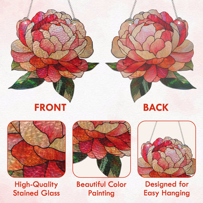 Peony Stained Glass Suncatcher – Handmade Evergreen Flower Window Decor, Vibrant Artistic Hanging Gift for Home and Garden
