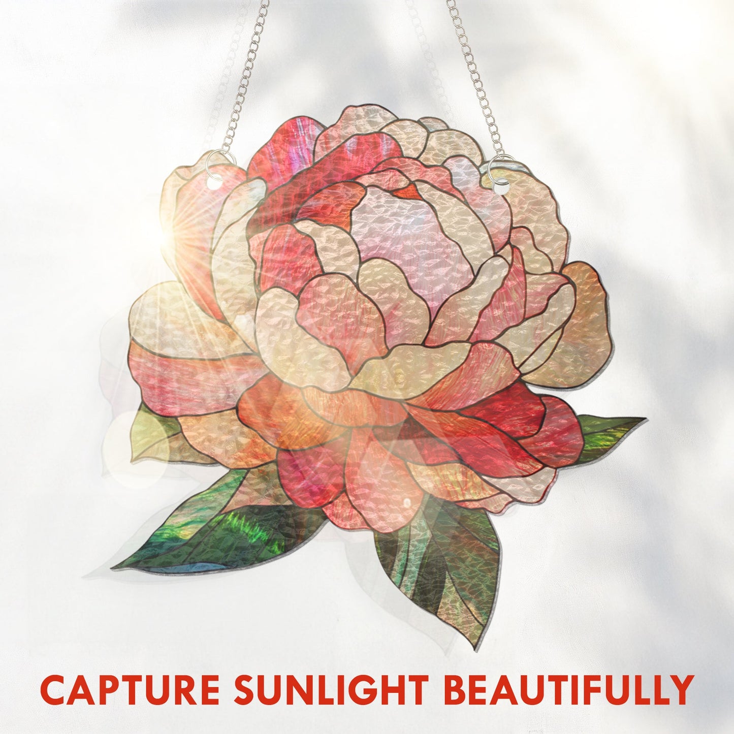 Peony Stained Glass Suncatcher – Handmade Evergreen Flower Window Decor, Vibrant Artistic Hanging Gift for Home and Garden