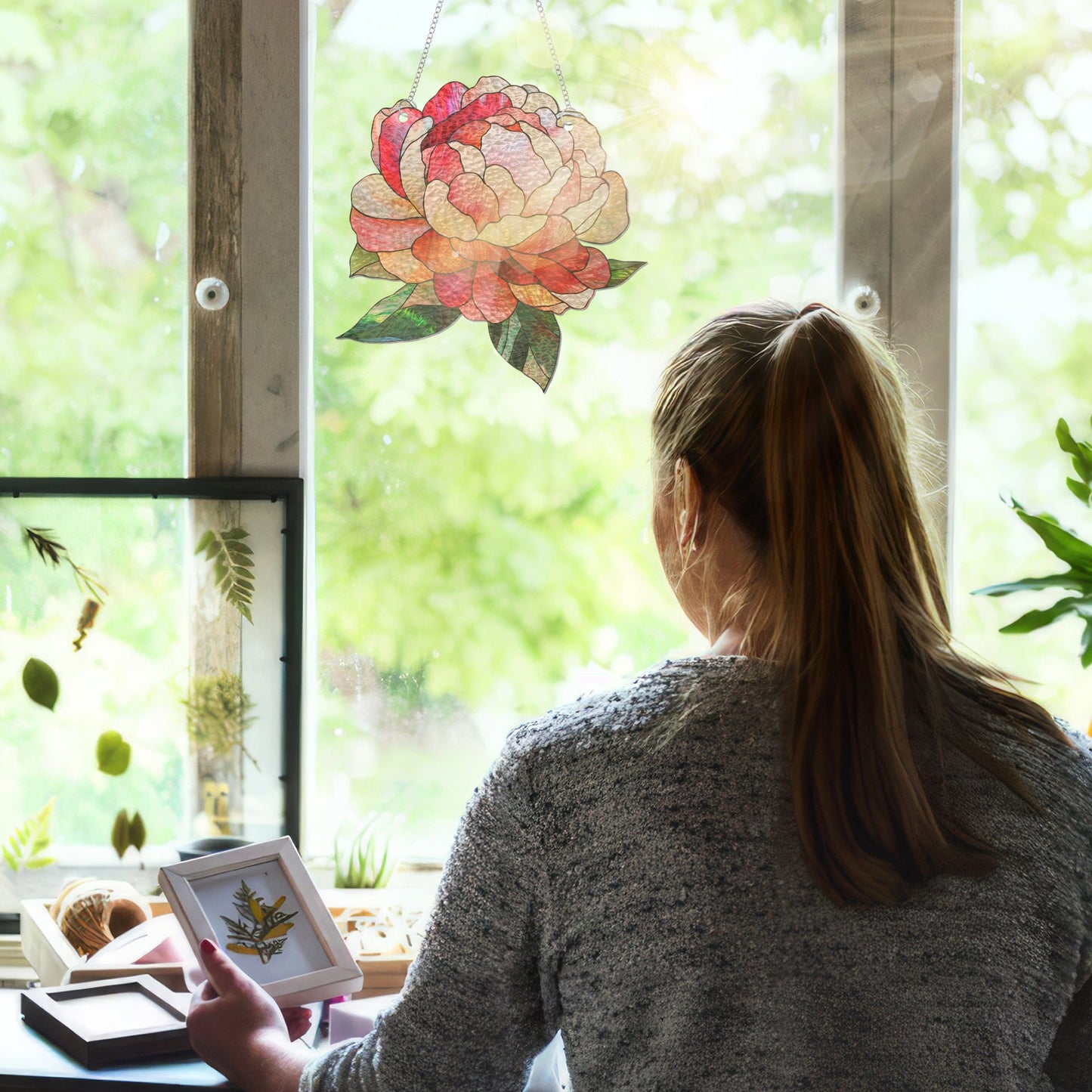 Peony Stained Glass Suncatcher – Handmade Evergreen Flower Window Decor, Vibrant Artistic Hanging Gift for Home and Garden
