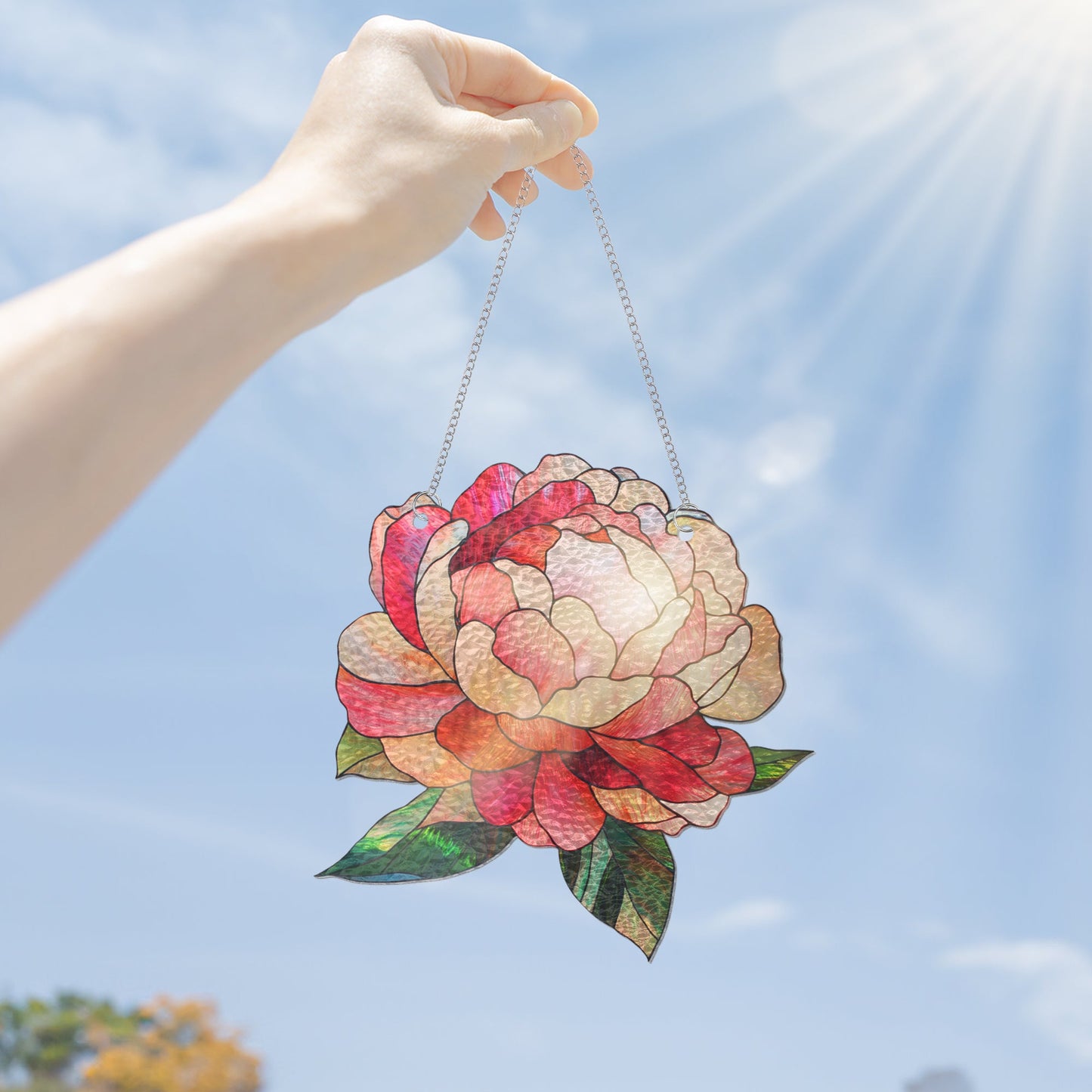 Peony Stained Glass Suncatcher – Handmade Evergreen Flower Window Decor, Vibrant Artistic Hanging Gift for Home and Garden