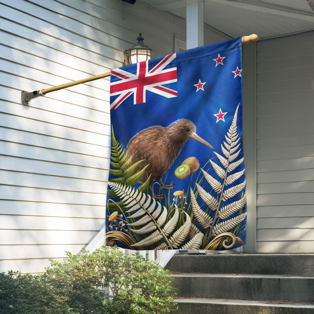 New Zealand Kiwi Bird and Fern Flag