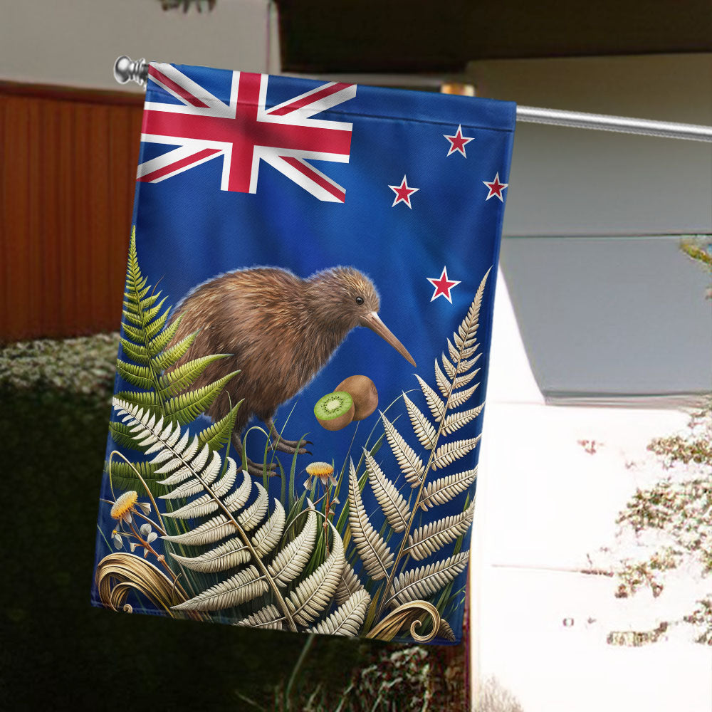 New Zealand Kiwi Bird and Fern Flag