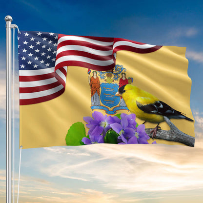 New Jersey State Eastern Goldfinch Bird and Purple Violet Flower Grommet Flag