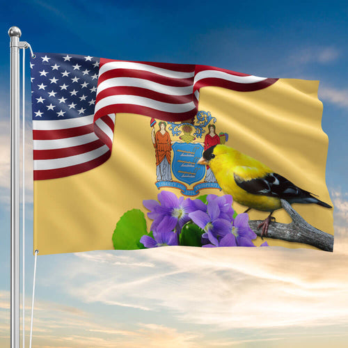 New Jersey State Eastern Goldfinch Bird and Purple Violet Flower Grommet Flag