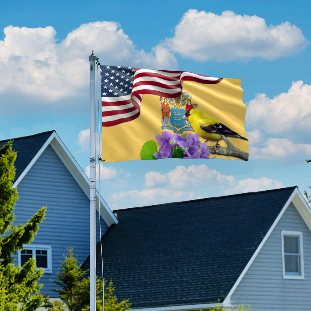 New Jersey State Eastern Goldfinch Bird and Purple Violet Flower Grommet Flag