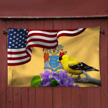 New Jersey State Eastern Goldfinch Bird and Purple Violet Flower Grommet Flag