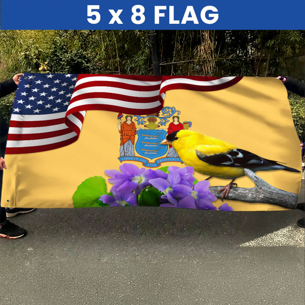 New Jersey State Eastern Goldfinch Bird and Purple Violet Flower Grommet Flag