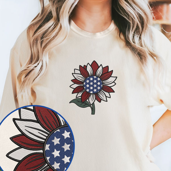America Sunflower 4th Of july Independence Day Embroidered T-Shirt MLN3164ES