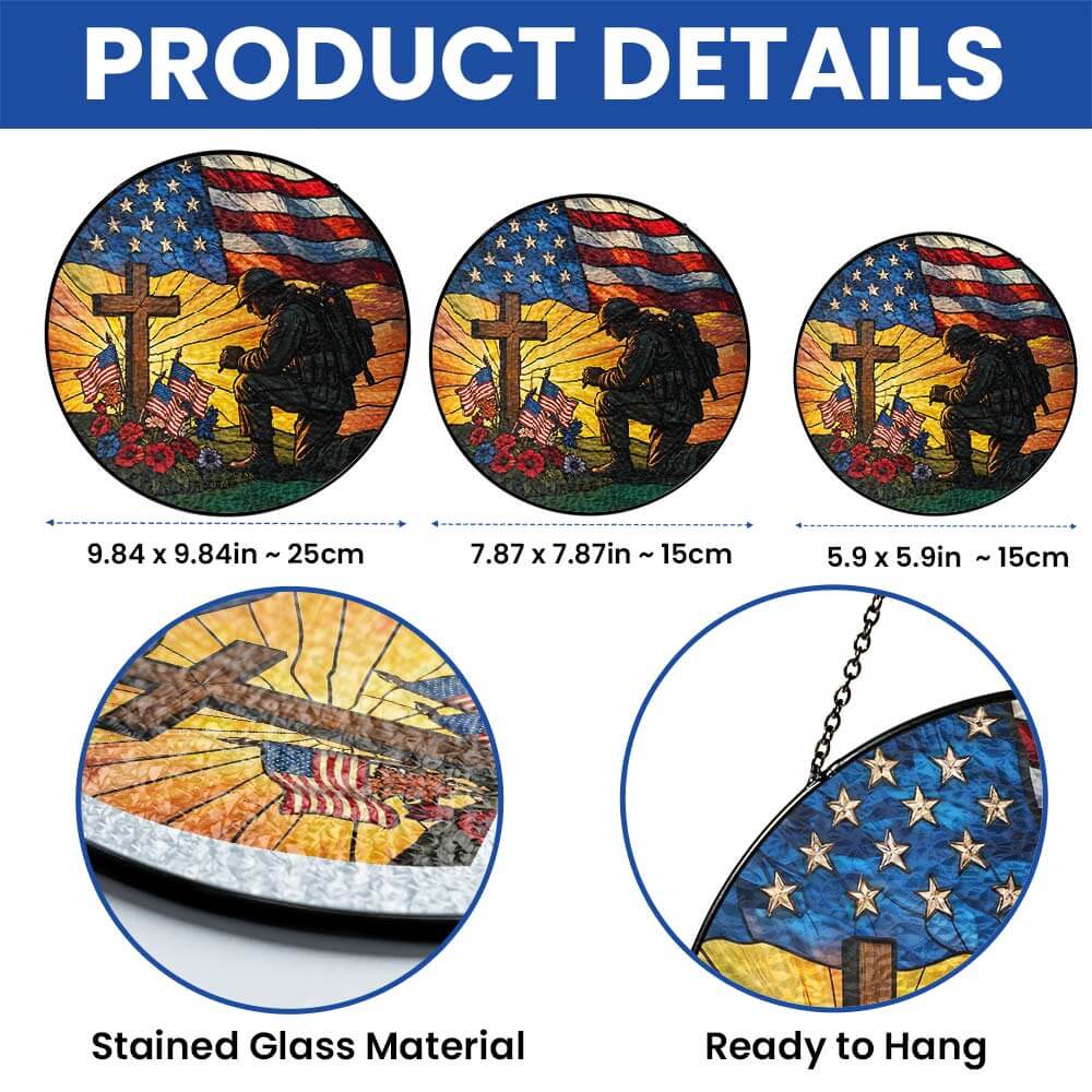 Patriotic Kneeling Soldier Memorial Day Veteran Day Stained Glass Suncatcher TQN5368TNB