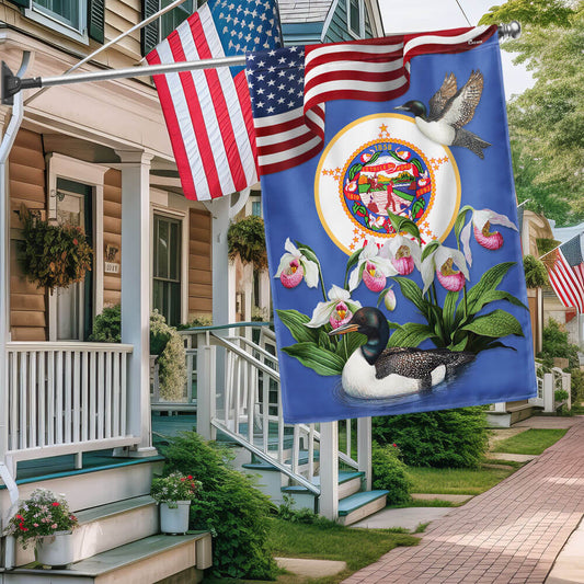 Minnesota State Lady’s Slipper Flower and Loon Minnesota Flag