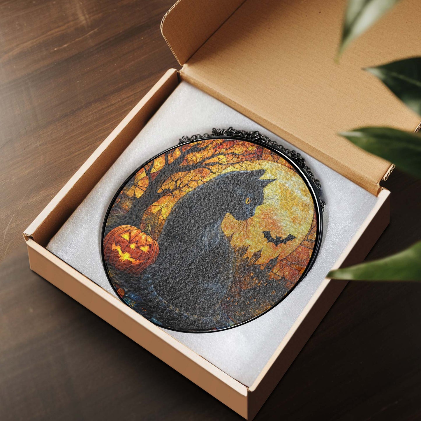 Black Cat Halloween Pumpkins Stained Glass Suncatcher MLN6311NGT