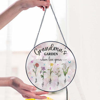 Personalized Grandma&#39;s Garden Stained Glass Suncatcher, Birth Month Flowers Stained Glass, Mothers Day Gifts For Nana Custom Garden Decor
