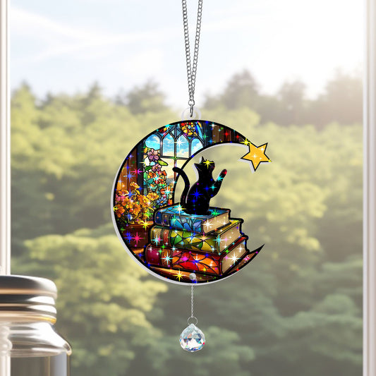 Cat Book Reading Cat Bookish Gift Hologram Window Hanging LHB243MNQ