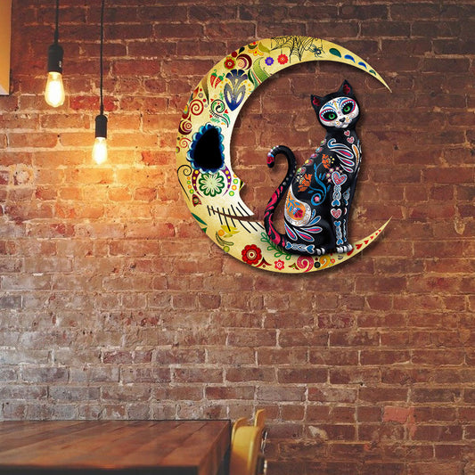 Cat On The Moon Sugar Skull Hanging Metal Sign QNN678MS