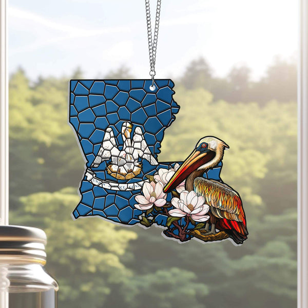 Louisiana Brown Pelican Bird and Magnolia Flower Suncatcher Acrylic Hanging TPT1035ASv3