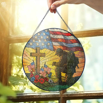 Patriotic Kneeling Soldier Memorial Day Veteran Day Stained Glass Suncatcher TQN5368TNB