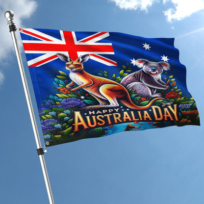 Australia Kangaroo and Koala Happy Australia Day Grommet Flag MLN2353GF