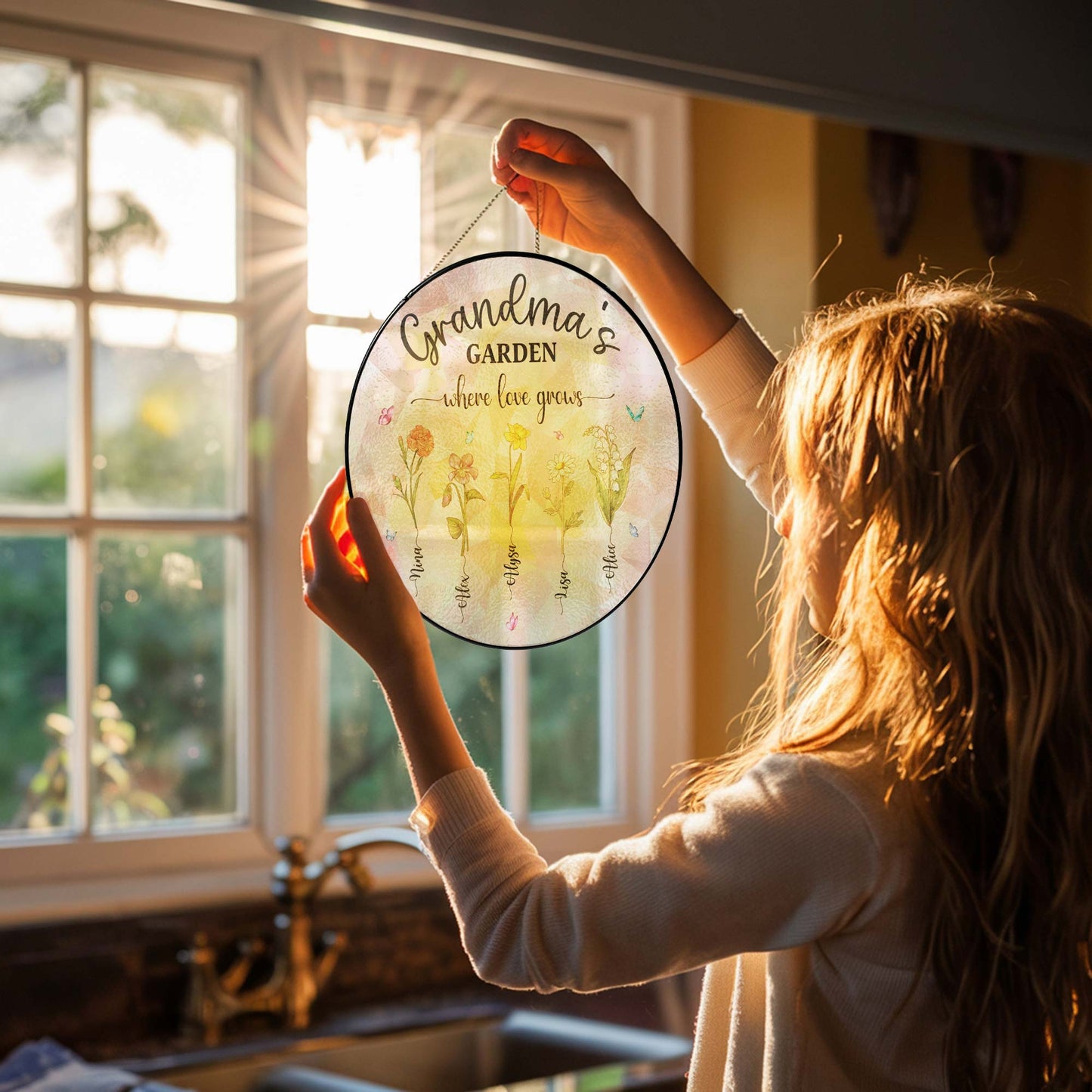 Personalized Grandma&#39;s Garden Stained Glass Suncatcher, Birth Month Flowers Stained Glass, Mothers Day Gifts For Nana Custom Garden Decor