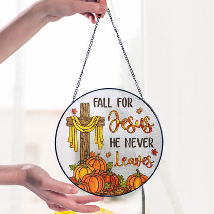 Jesus Cross Fall for Jesus He Never Leaves Thanksgiving Stained Glass Suncatcher MLN6278TMN