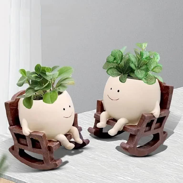 Lazy Sunday Rocking Chair Resin Planter - Cute Sitting Character Flower Pot with Drainage Hole