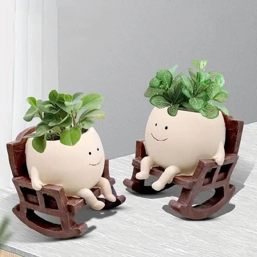 Lazy Sunday Rocking Chair Resin Planter - Cute Sitting Character Flower Pot with Drainage Hole