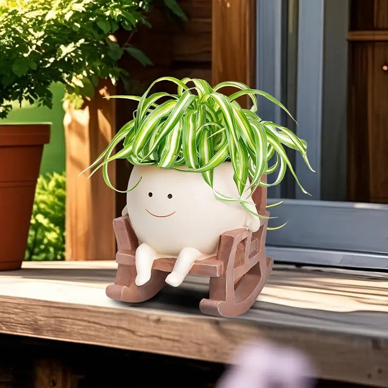 Lazy Sunday Rocking Chair Resin Planter - Cute Sitting Character Flower Pot with Drainage Hole