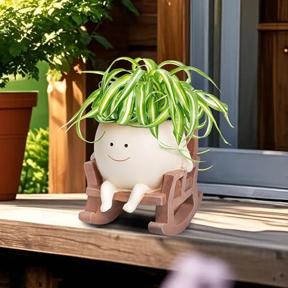 Lazy Sunday Rocking Chair Resin Planter - Cute Sitting Character Flower Pot with Drainage Hole