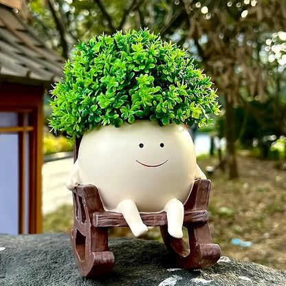 Lazy Sunday Rocking Chair Resin Planter - Cute Sitting Character Flower Pot with Drainage Hole
