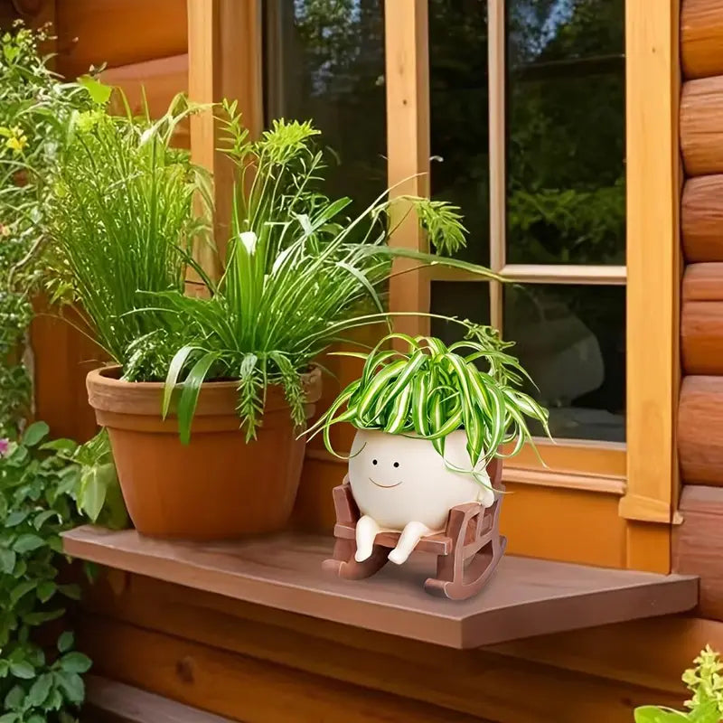 Lazy Sunday Rocking Chair Resin Planter - Cute Sitting Character Flower Pot with Drainage Hole