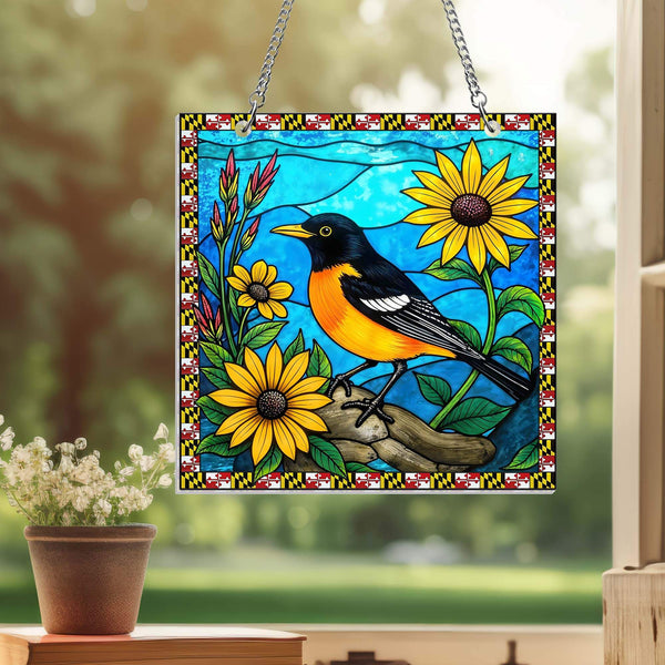 Maryland Baltimore Oriole Bird and Black-Eyed Susan Flower Suncatcher Hanging Sign MLN4893AS