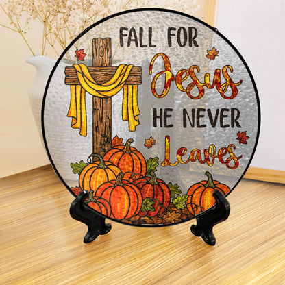 Jesus Cross Fall for Jesus He Never Leaves Thanksgiving Stained Glass Suncatcher MLN6278TMN