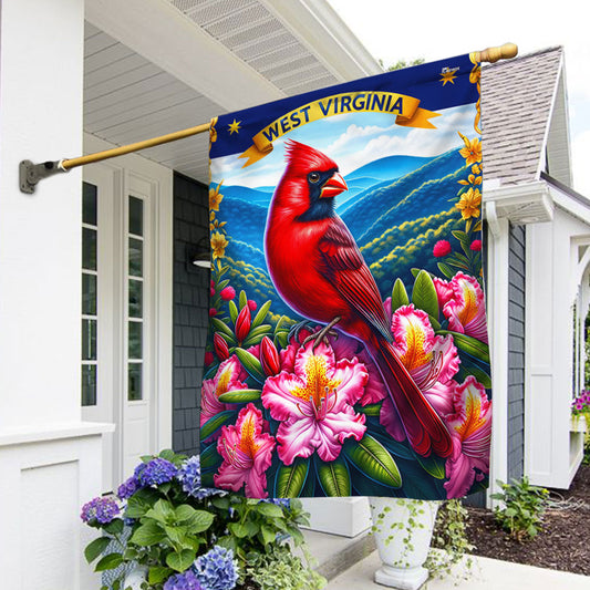 West Virginia Cardinal on a Blooming Rhododendron Branch with  Appalachian Mountains Flag MLN2984F