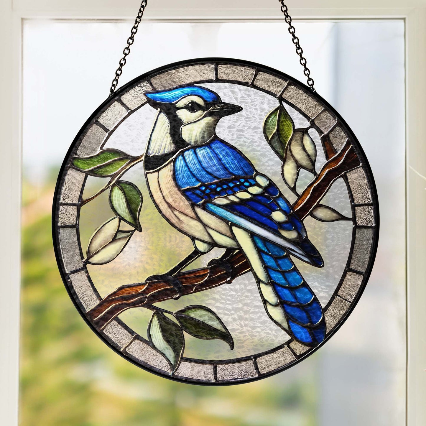 Blue Jay Birdwatching Stained Glass Suncatcher TQN5087TTH