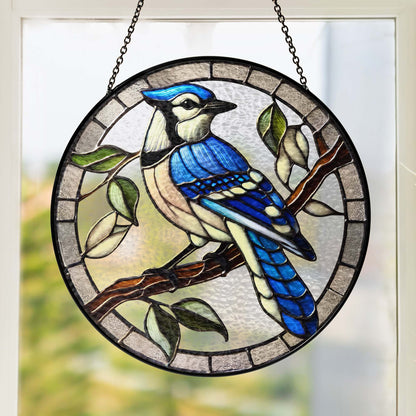 Blue Jay Birdwatching Stained Glass Suncatcher TQN5087TTH