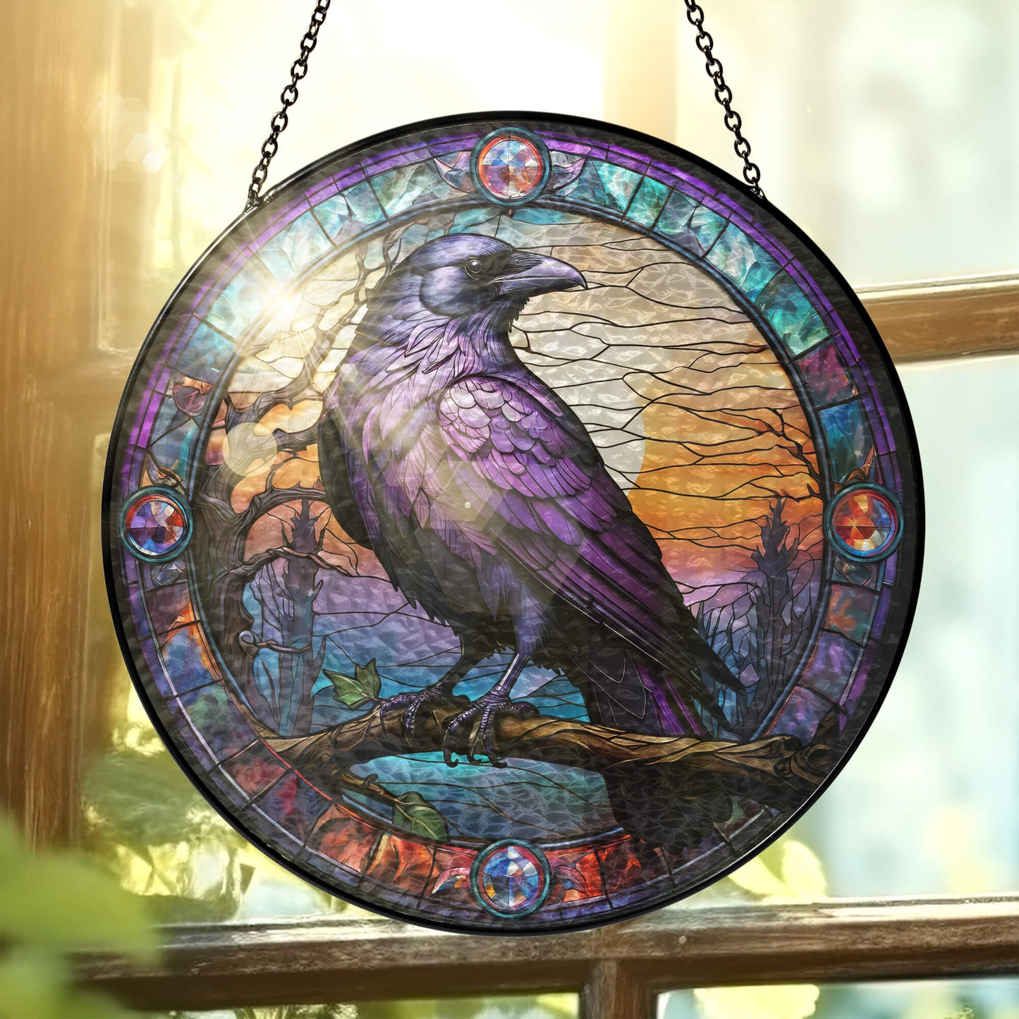 Raven Stained Glass Suncatcher - Spiritual Gothic Window Hanging for Home Decor