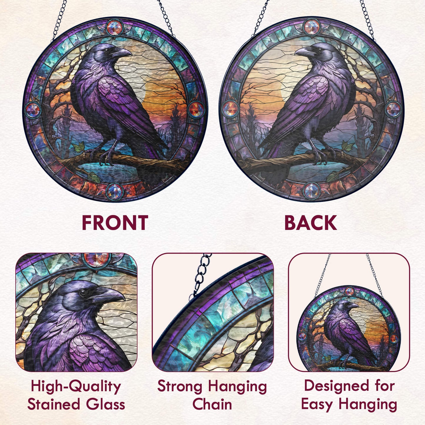 Raven Stained Glass Suncatcher - Spiritual Gothic Window Hanging for Home Decor