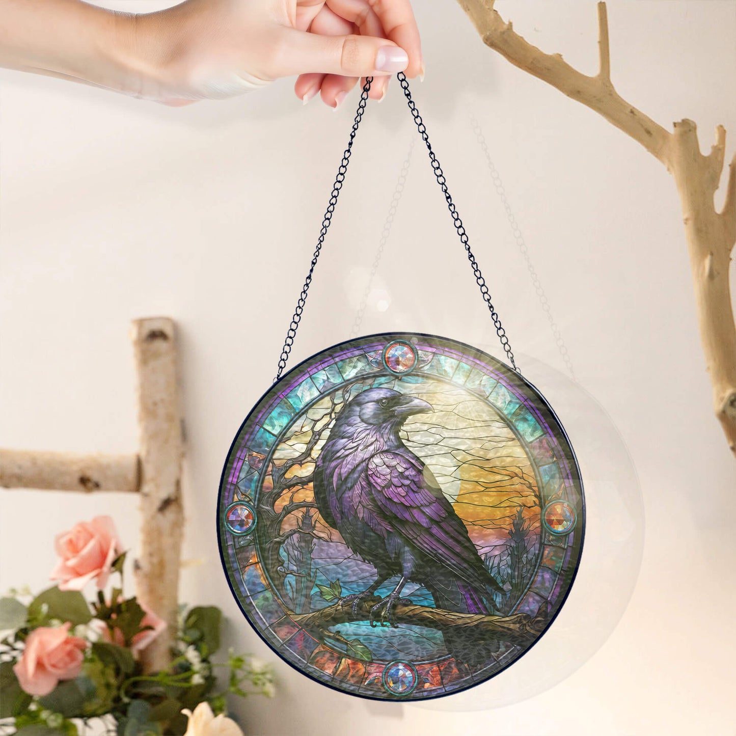 Raven Stained Glass Suncatcher - Spiritual Gothic Window Hanging for Home Decor