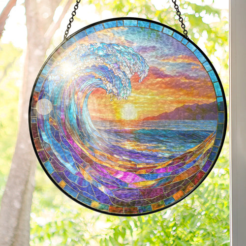 Ocean Wave Stained Glass Suncatcher - Beach Sunset Window Hanging for Coastal Home Decor