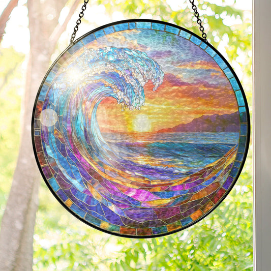 Ocean Wave Stained Glass Suncatcher - Beach Sunset Window Hanging for Coastal Home Decor