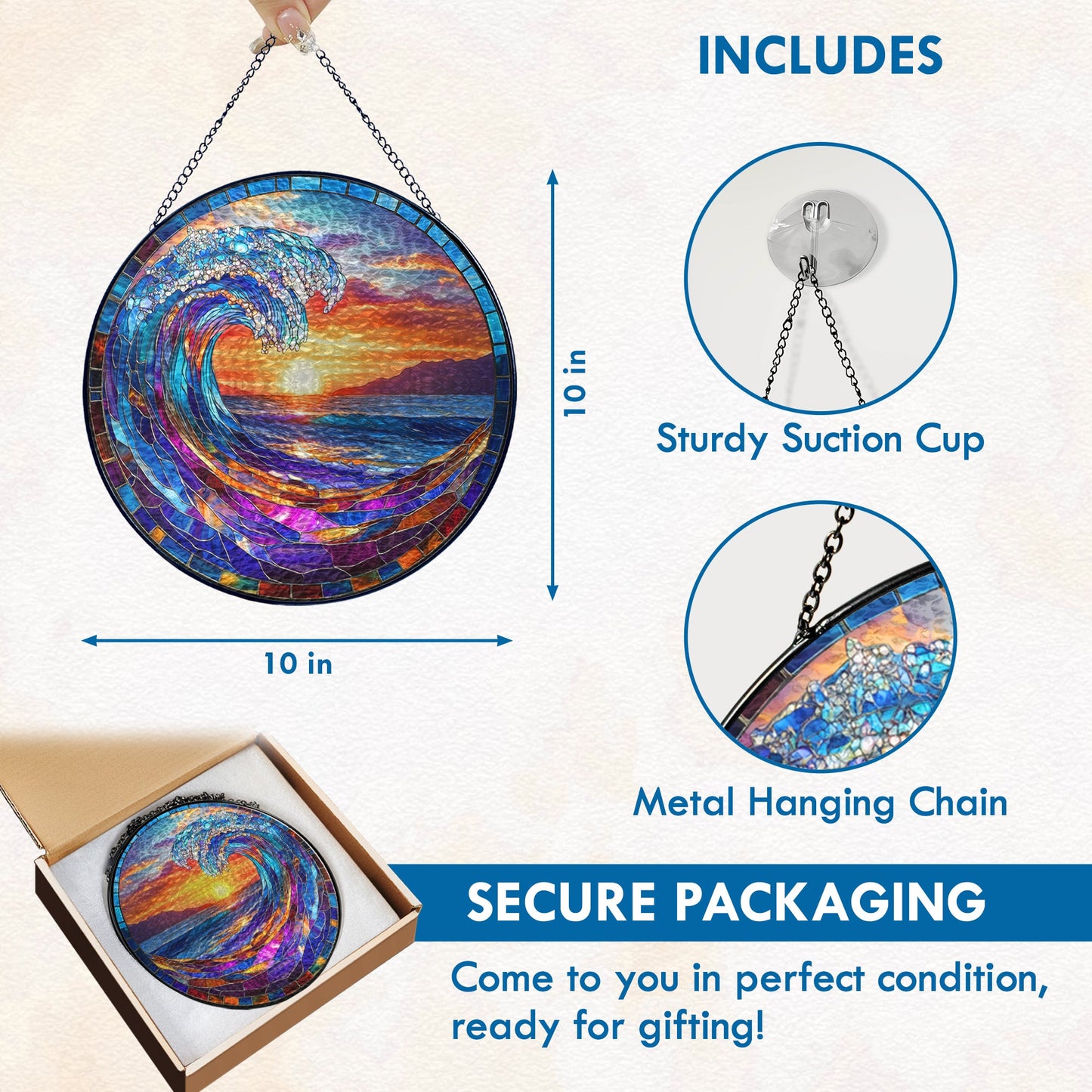 Ocean Wave Stained Glass Suncatcher - Beach Sunset Window Hanging for Coastal Home Decor