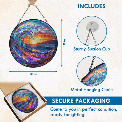 Ocean Wave Stained Glass Suncatcher - Beach Sunset Window Hanging for Coastal Home Decor