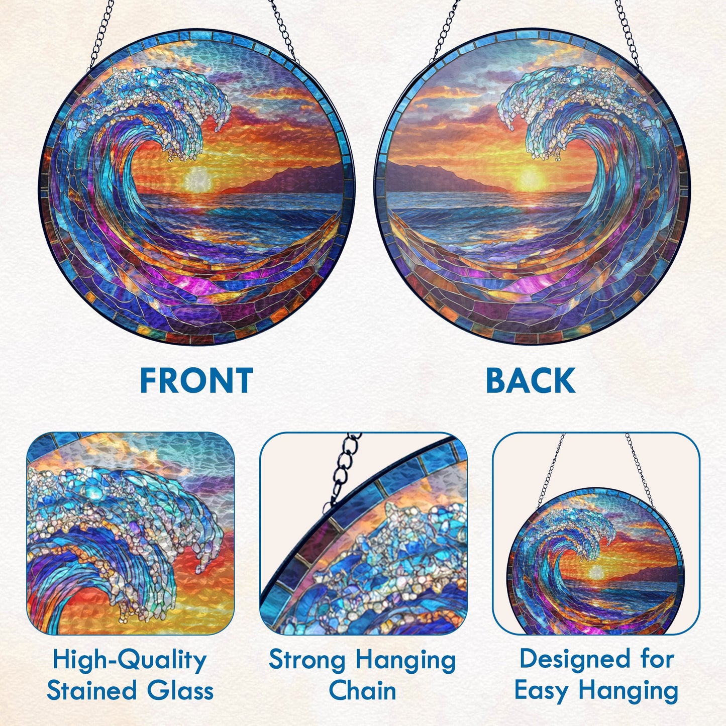 Ocean Wave Stained Glass Suncatcher - Beach Sunset Window Hanging for Coastal Home Decor