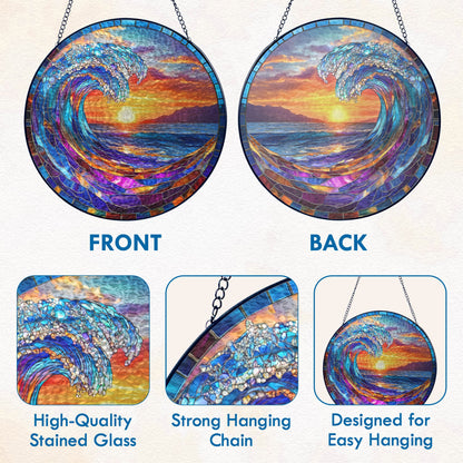 Ocean Wave Stained Glass Suncatcher - Beach Sunset Window Hanging for Coastal Home Decor
