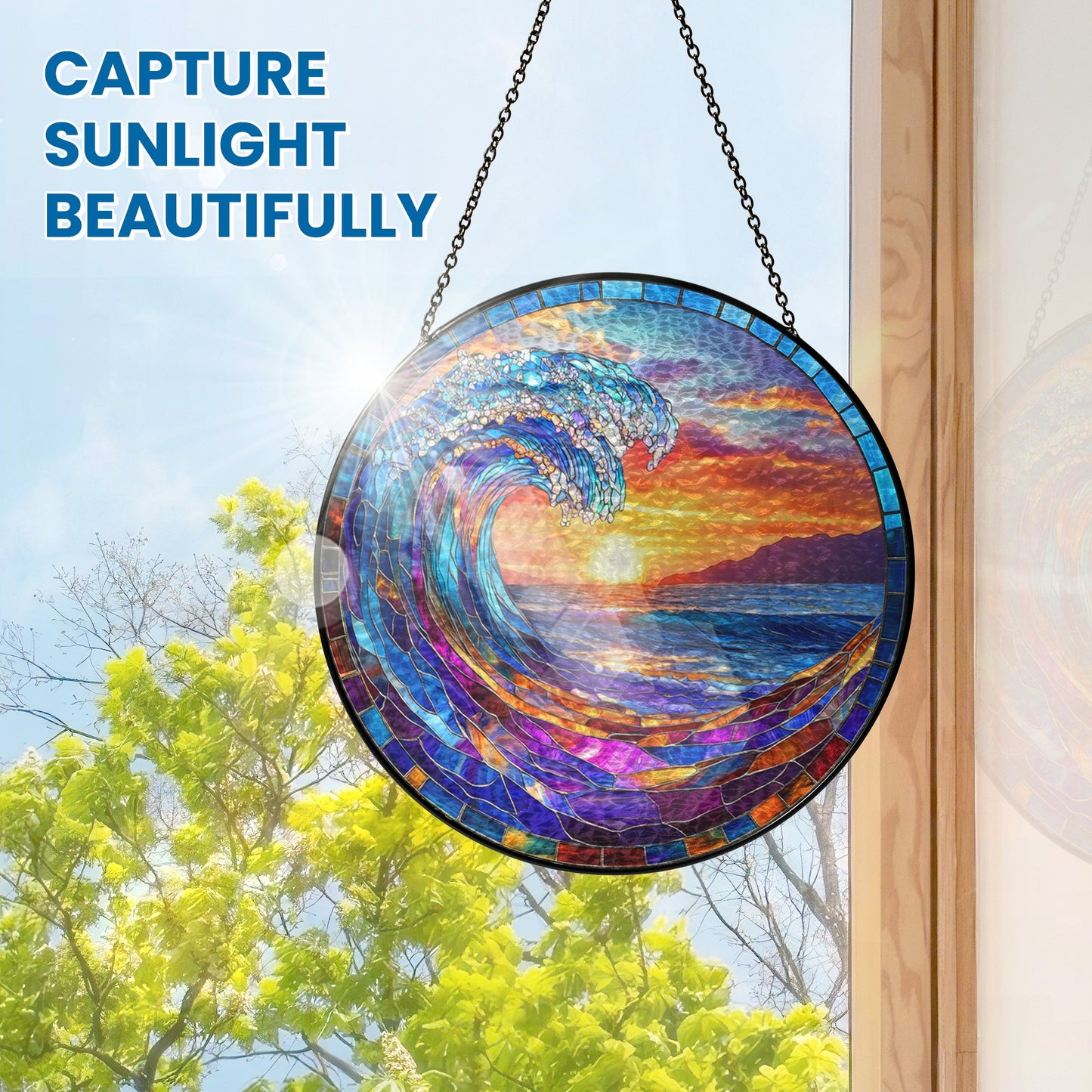 Ocean Wave Stained Glass Suncatcher - Beach Sunset Window Hanging for Coastal Home Decor