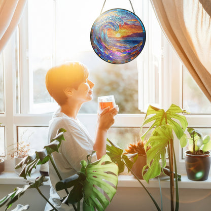 Ocean Wave Stained Glass Suncatcher - Beach Sunset Window Hanging for Coastal Home Decor