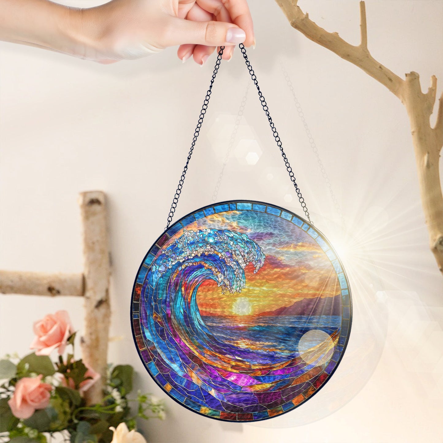 Ocean Wave Stained Glass Suncatcher - Beach Sunset Window Hanging for Coastal Home Decor
