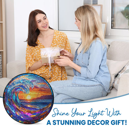 Ocean Wave Stained Glass Suncatcher - Beach Sunset Window Hanging for Coastal Home Decor